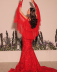 Red Fish Cut Lehenga With Layered Dupatta