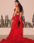 Red Fish Cut Lehenga With Layered Dupatta
