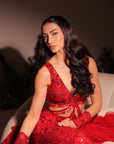 Red Fish Cut Lehenga With Layered Dupatta
