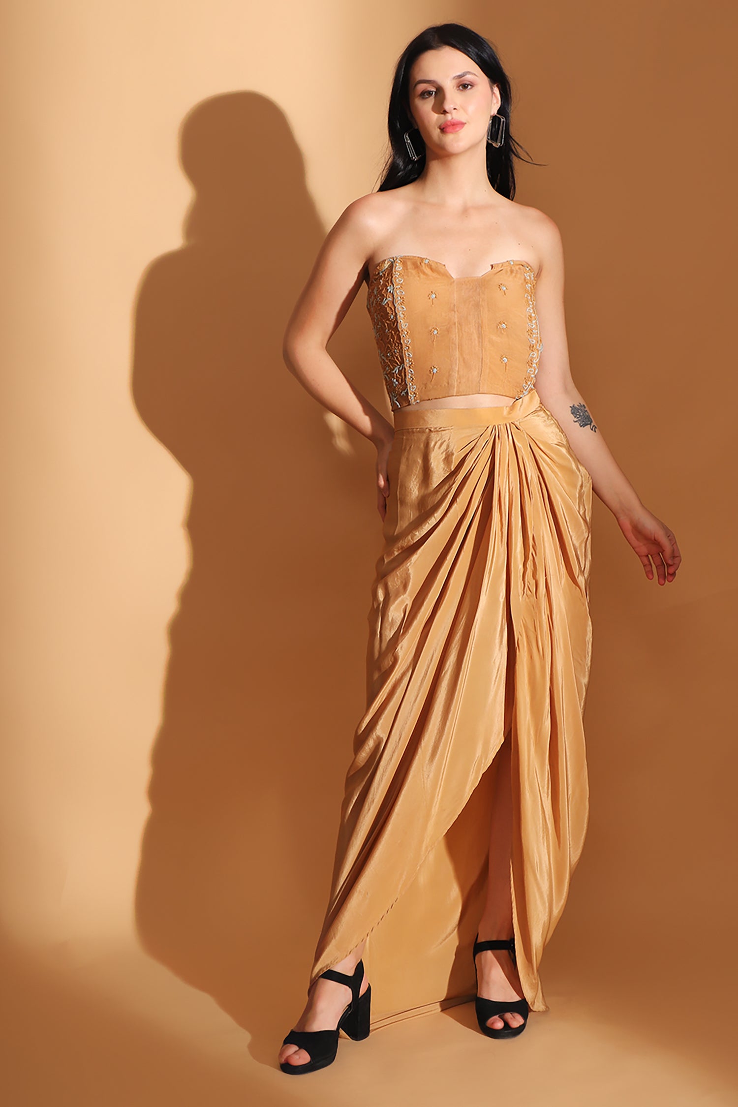 Chikan Co-ord set with Long Shrug - Pastel Orange