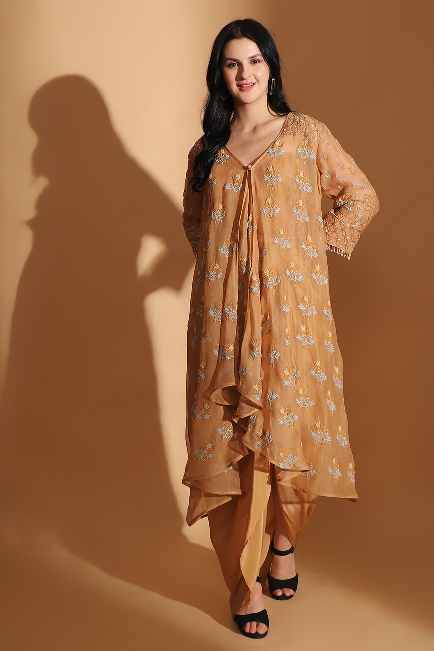 Chikan Co-ord set with Long Shrug - Pastel Orange