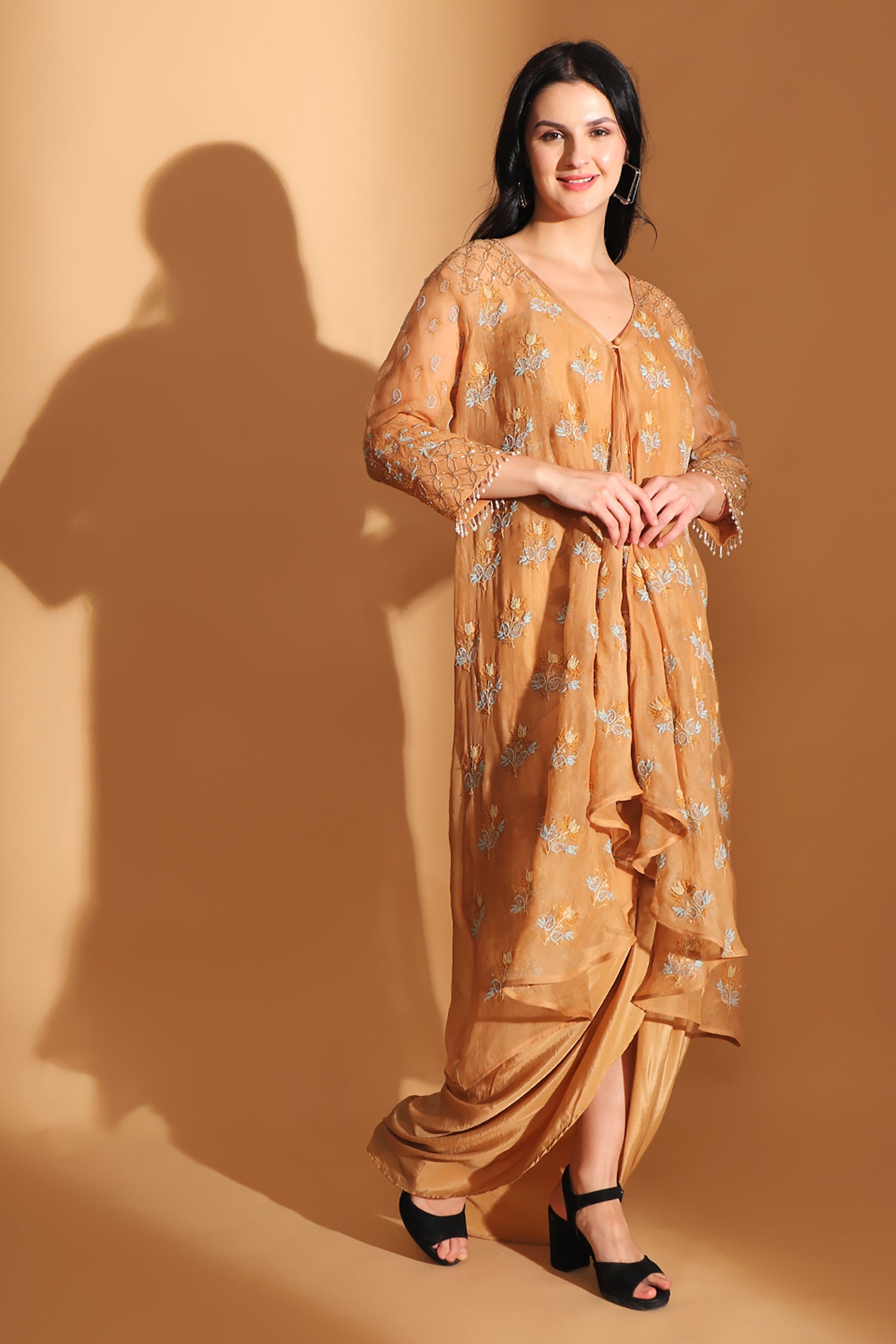 Chikan Co-ord set with Long Shrug - Pastel Orange