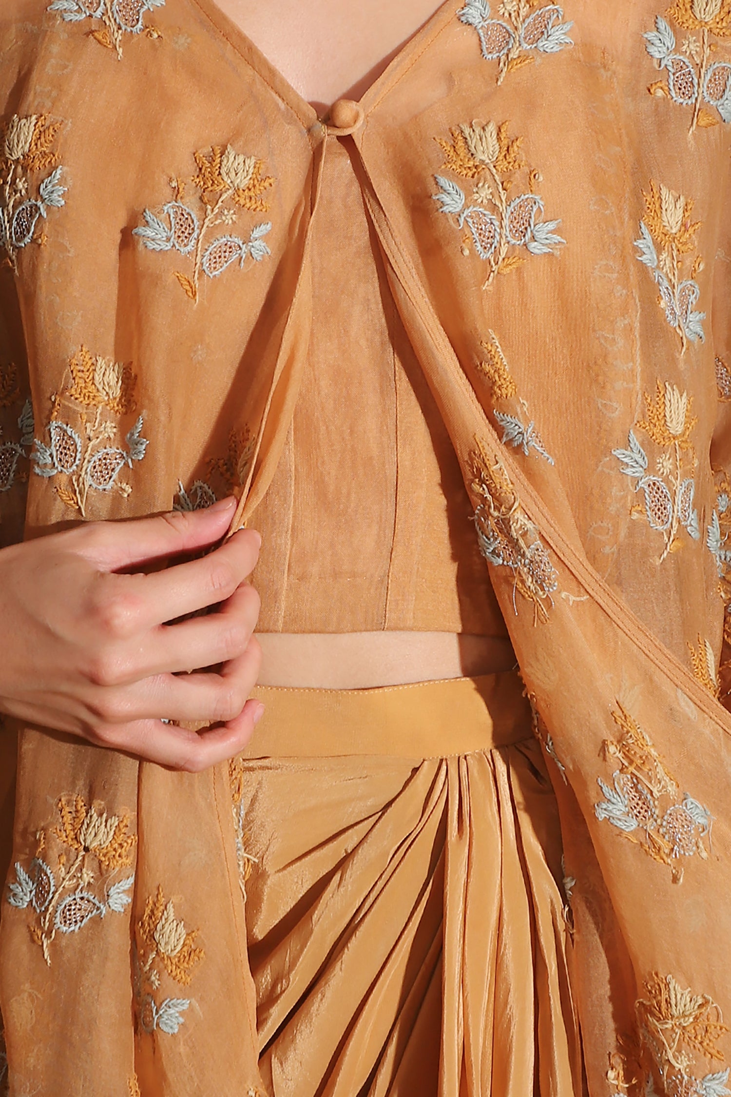 Chikan Co-ord set with Long Shrug - Pastel Orange