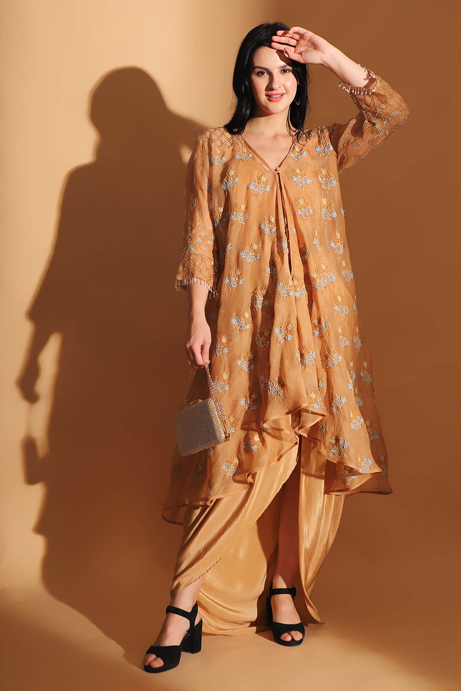 Chikan Co-ord set with Long Shrug - Pastel Orange