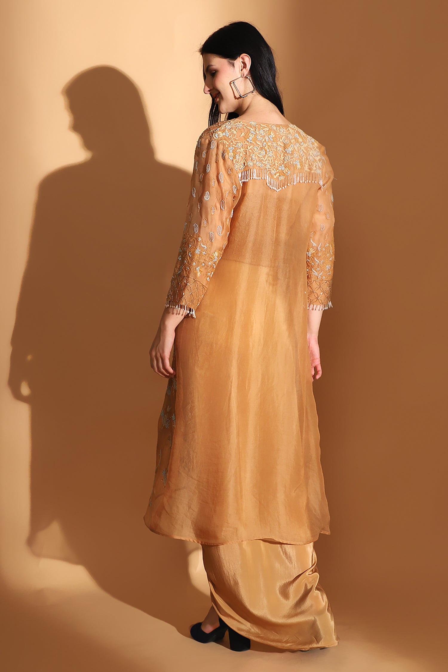 Chikan Co-ord set with Long Shrug - Pastel Orange