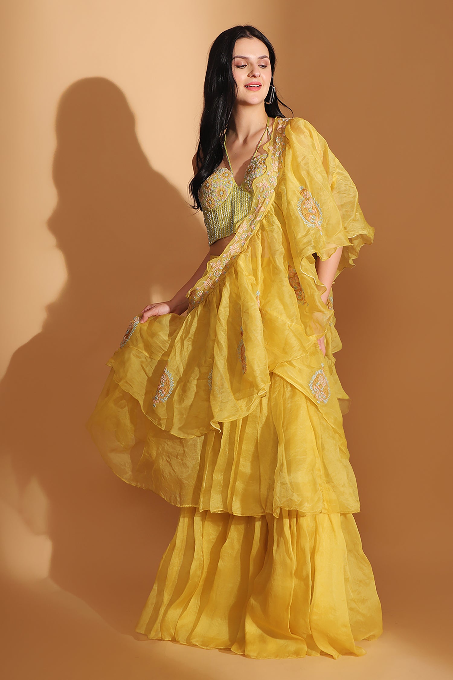 Off-Shoulder Corset Top & Cowl Drape Skirt - Yellow