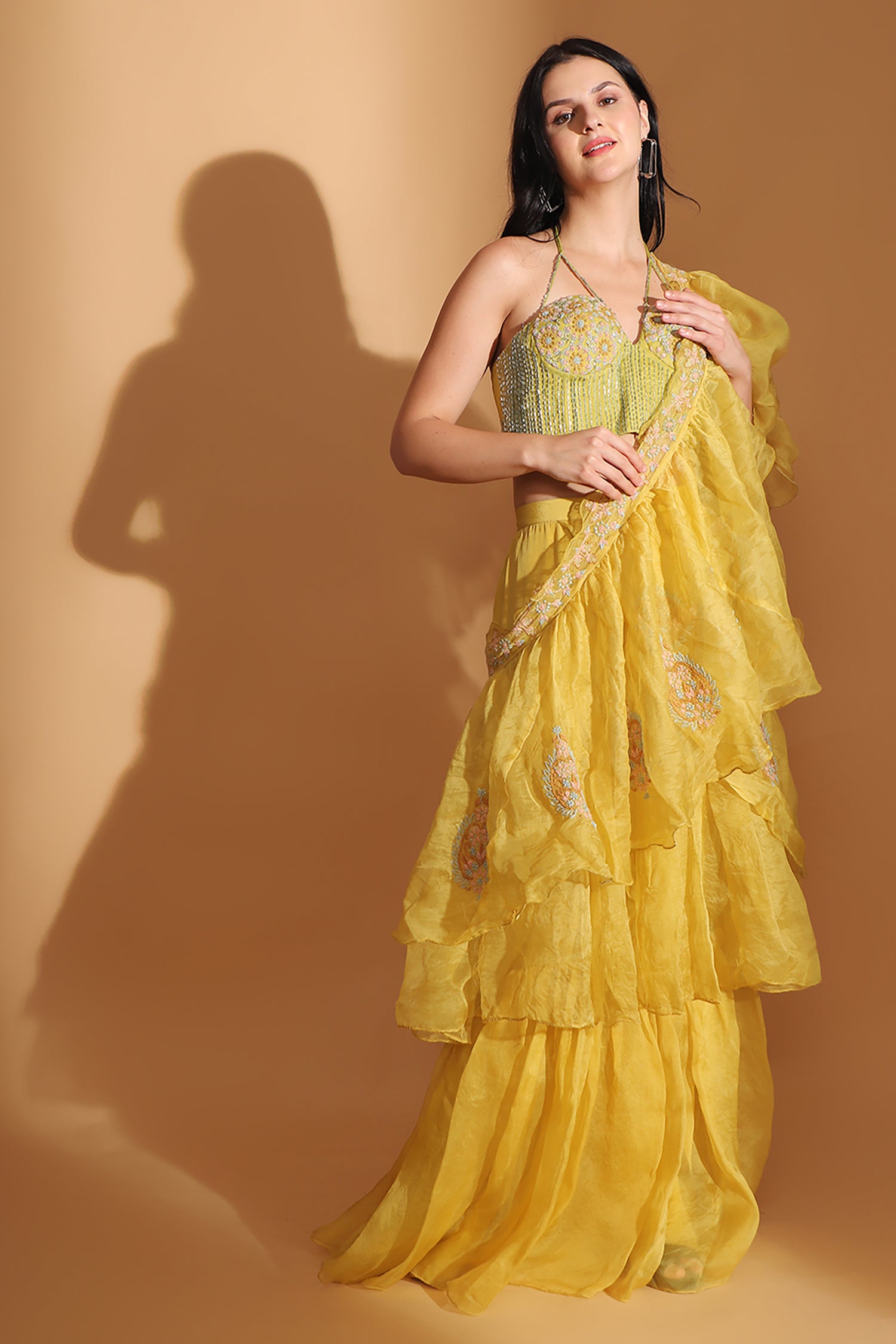 Off-Shoulder Corset Top & Cowl Drape Skirt - Yellow