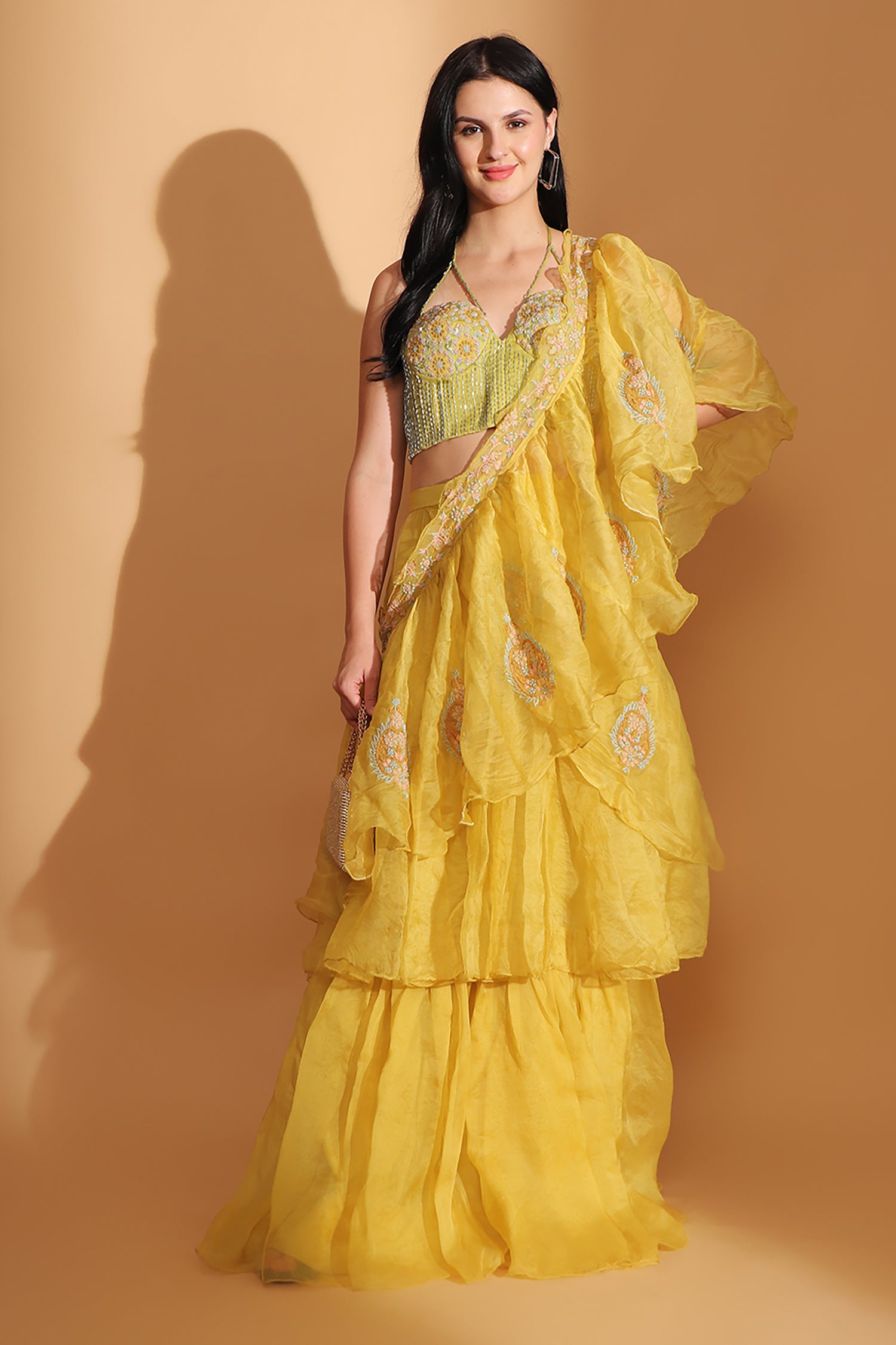 Off-Shoulder Corset Top & Cowl Drape Skirt - Yellow