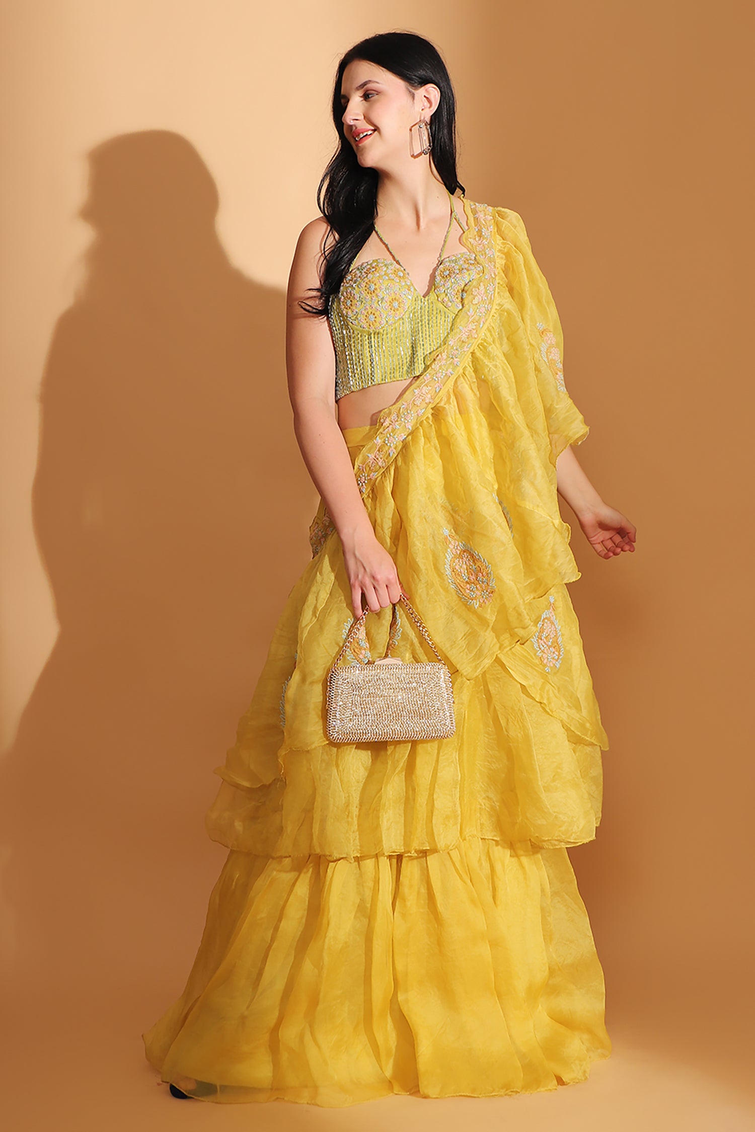 Off-Shoulder Corset Top & Cowl Drape Skirt - Yellow