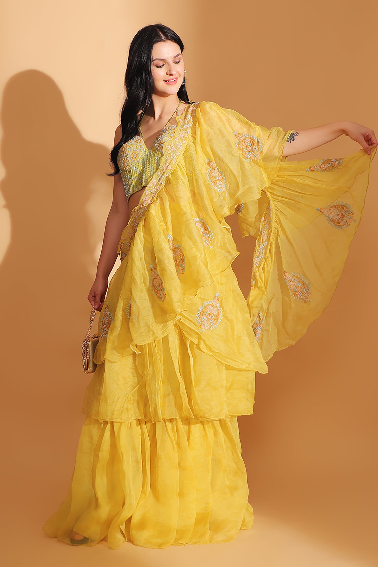 Off-Shoulder Corset Top & Cowl Drape Skirt - Yellow