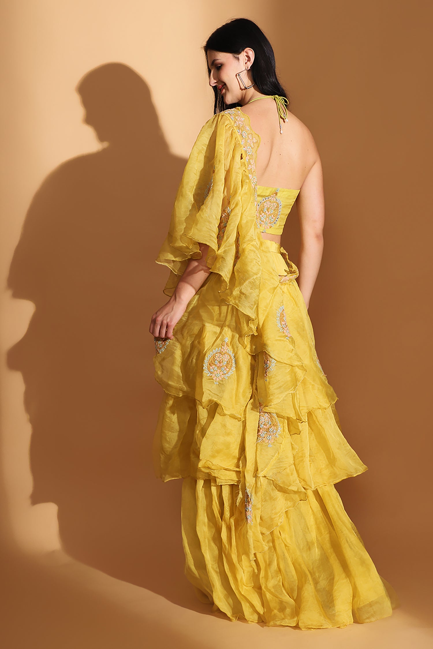 Off-Shoulder Corset Top & Cowl Drape Skirt - Yellow