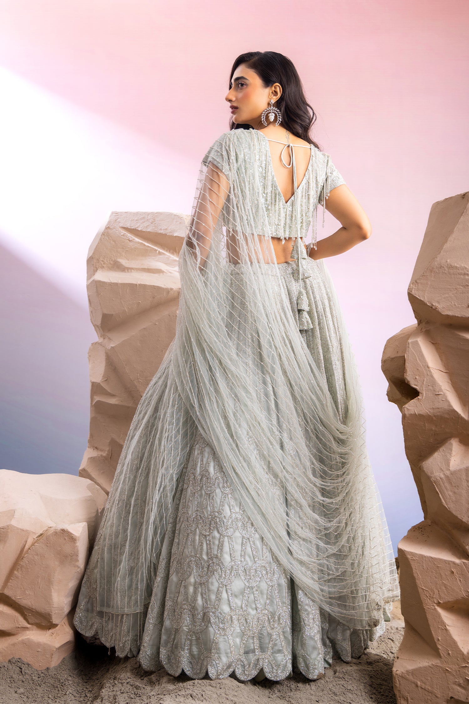 Sea Green Embroidered Lehenga With Tassels