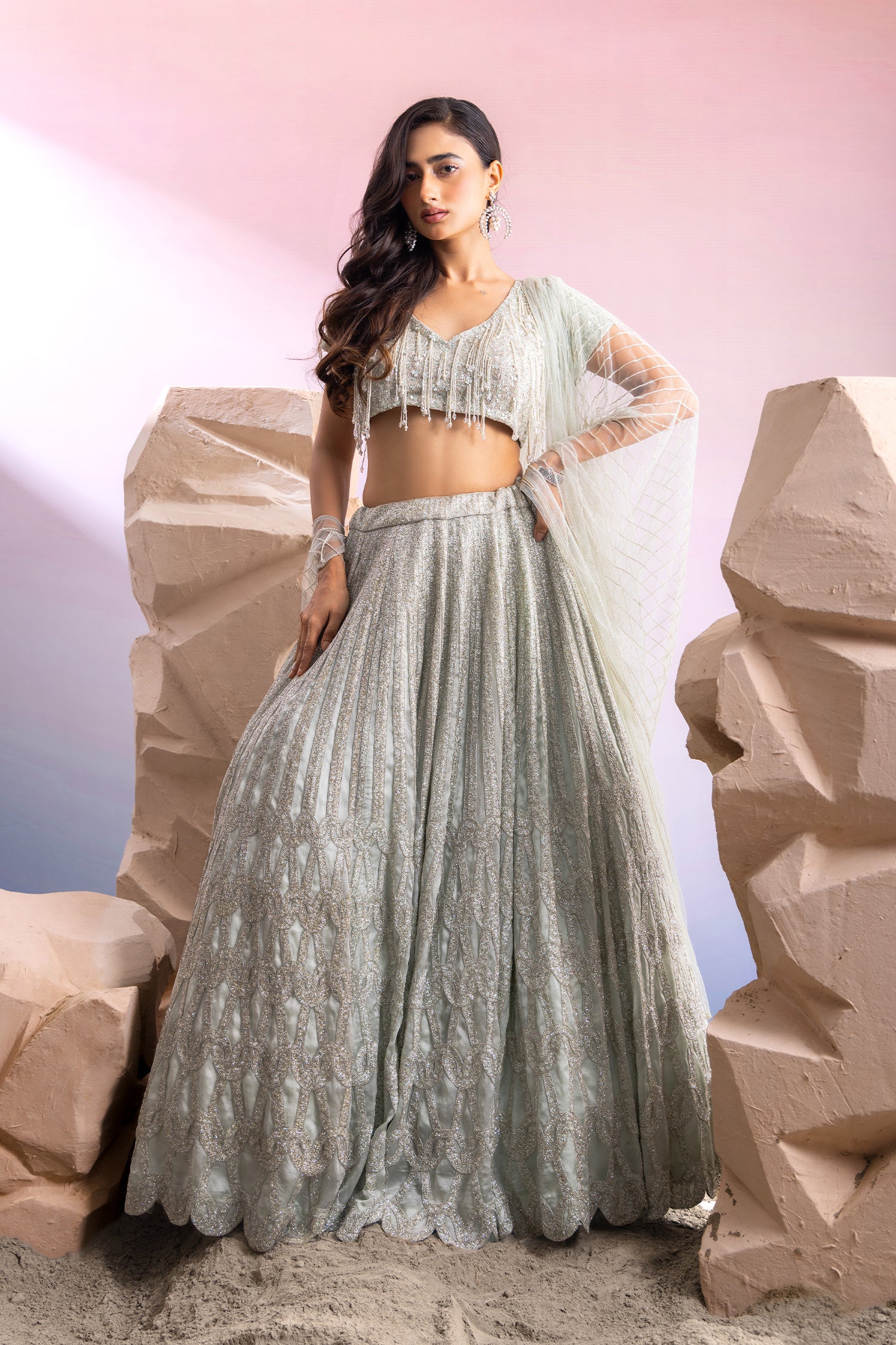 Sea Green Embroidered Lehenga With Tassels