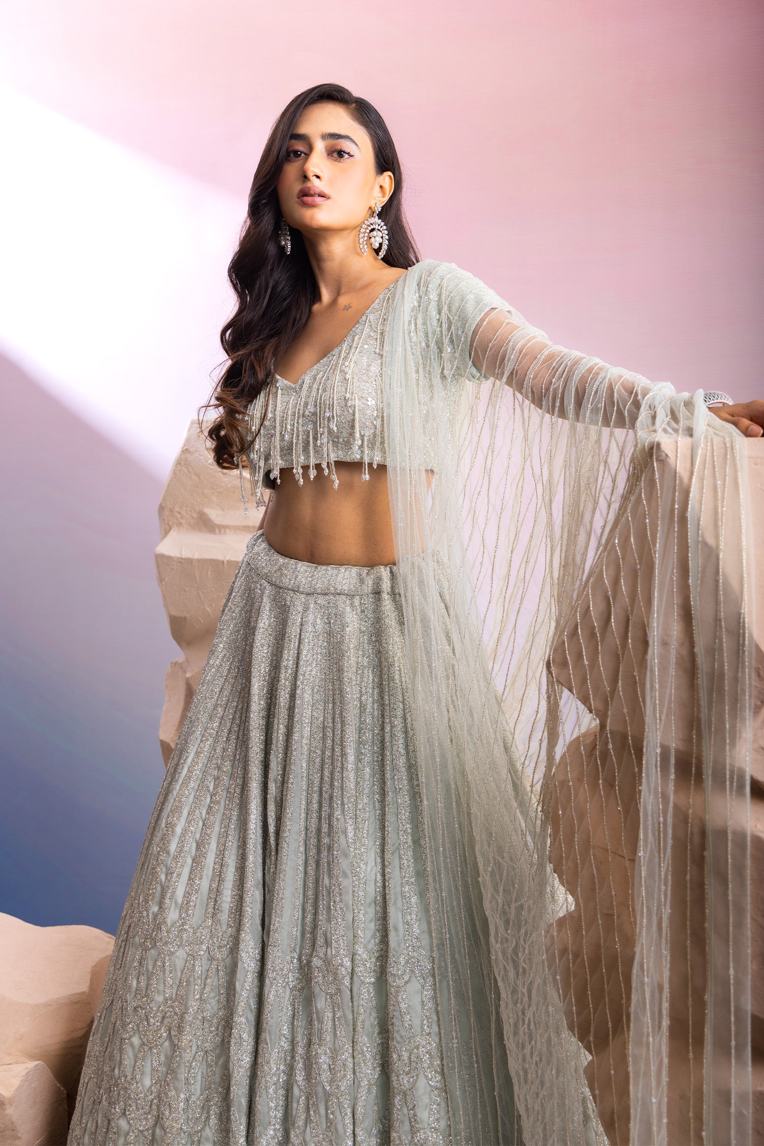 Sea Green Embroidered Lehenga With Tassels