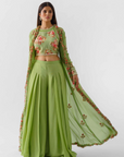 Drape Skirt Set with Ruffle Dupatta - Green