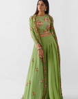 Drape Skirt Set with Ruffle Dupatta - Green
