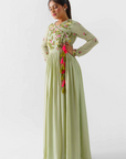 Elegant Ombre Drape Skirt Set with Hand-Embroidered Zardosi Crop Top