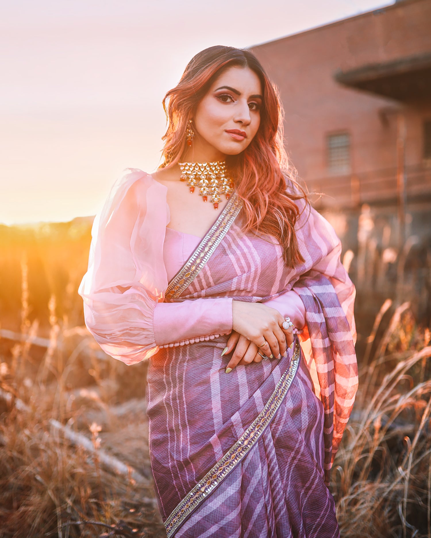 Lilac Hand Embroidered Lahariya Saree Set