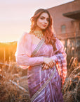 Lilac Hand Embroidered Lahariya Saree Set