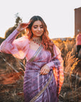 Lilac Hand Embroidered Lahariya Saree Set