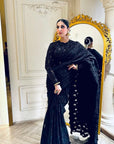Crow Black Hand Embroidered Saree