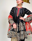 Black Embroidered Short Anarkali Suit
