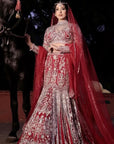 Amarnath Red Zircon Fish Cut Lehenga