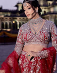 Amarnath Red Zircon Fish Cut Lehenga