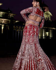 Amarnath Red Zircon Fish Cut Lehenga
