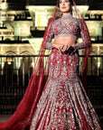Amarnath Red Zircon Fish Cut Lehenga