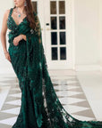 Rich Olive Green Color Saree With Remarkable Long Drape