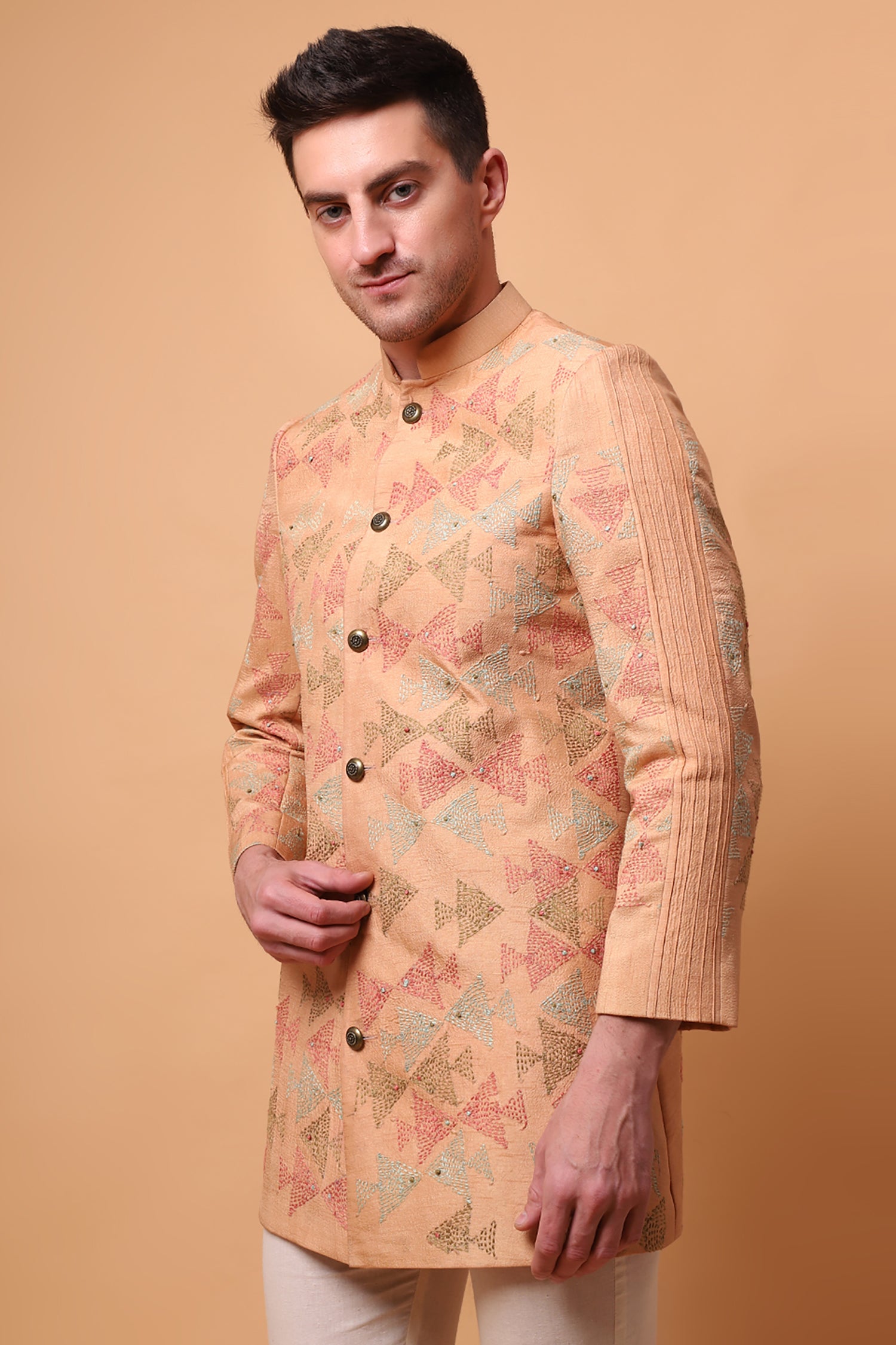 Kantha Men bandgla Jacket - Beige Gold