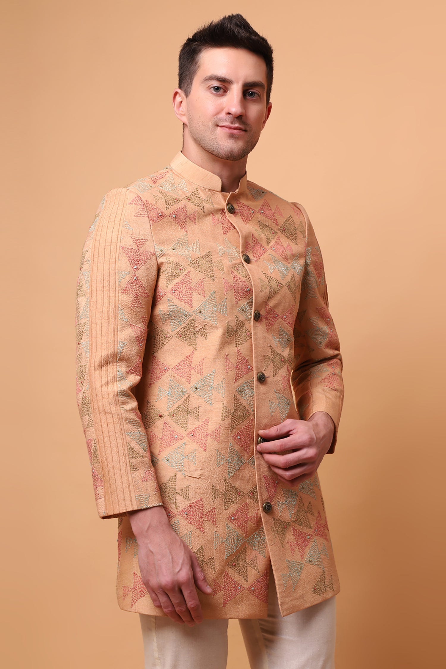 Kantha Men bandgla Jacket - Beige Gold