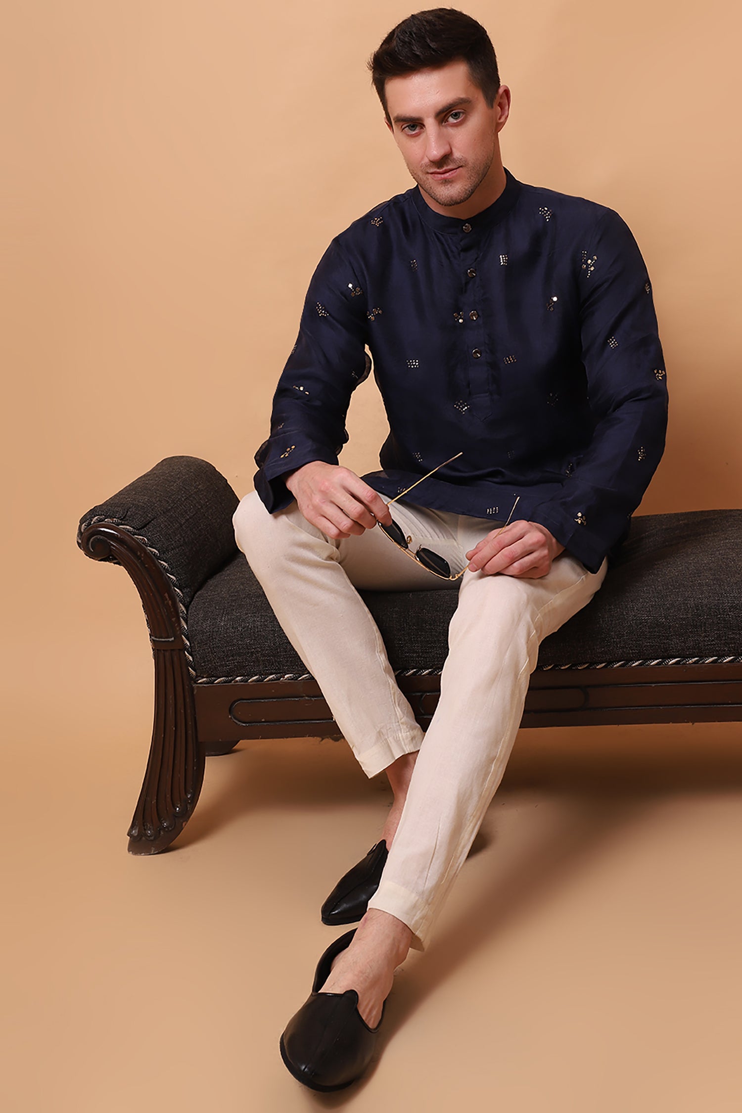 Muqaish Work Men Short Kurta - Blue