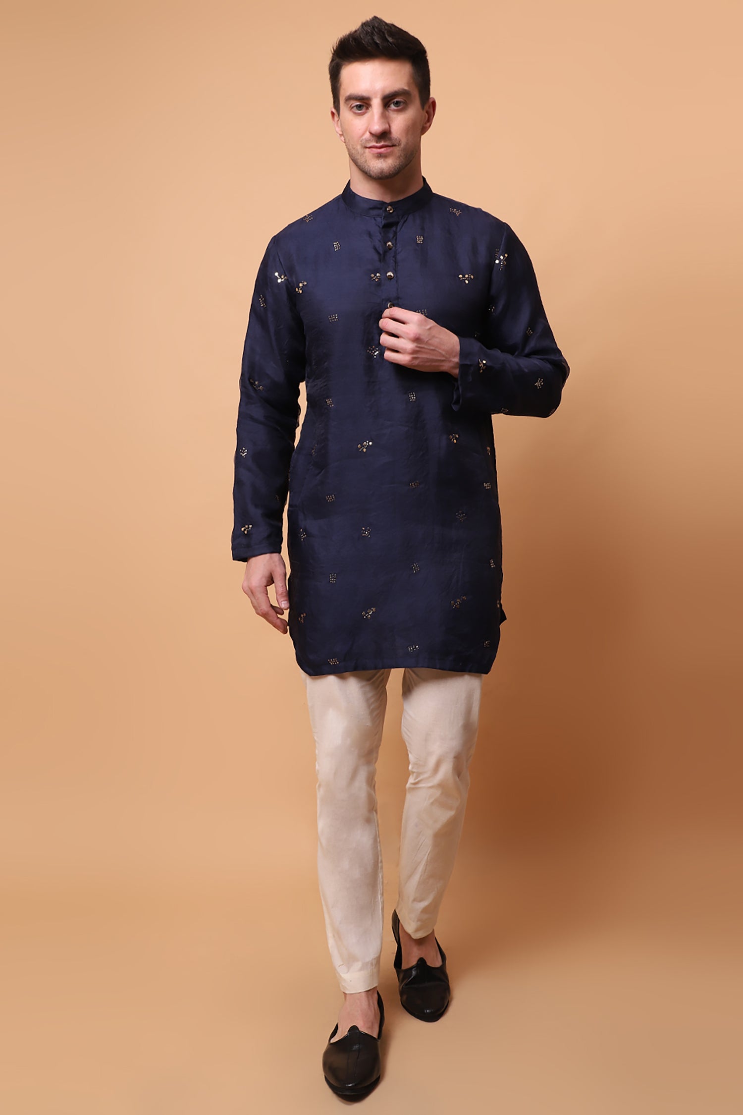 Muqaish Work Men Short Kurta - Blue