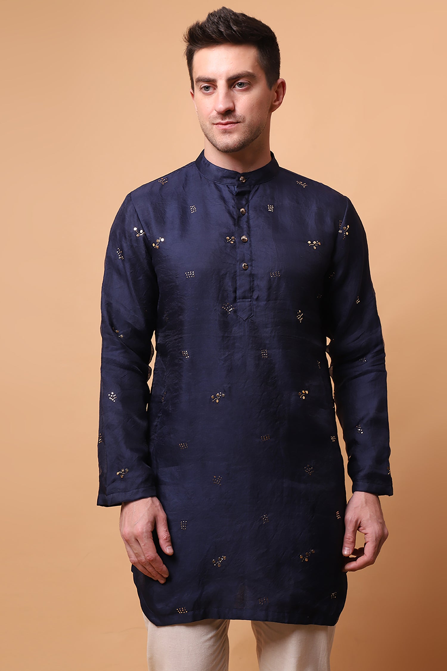 Muqaish Work Men Short Kurta - Blue