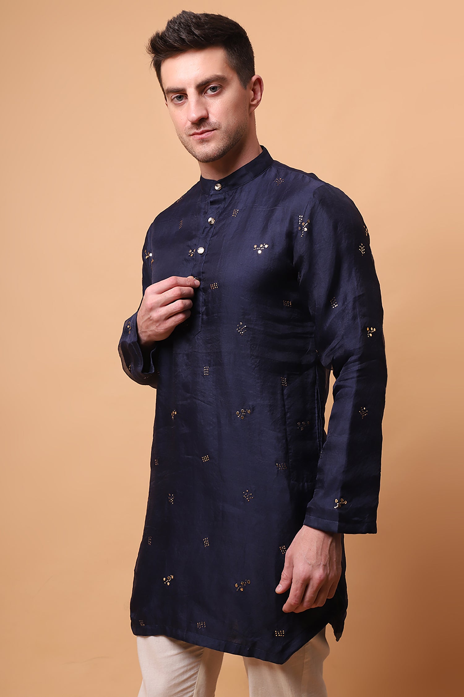 Muqaish Work Men Short Kurta - Blue