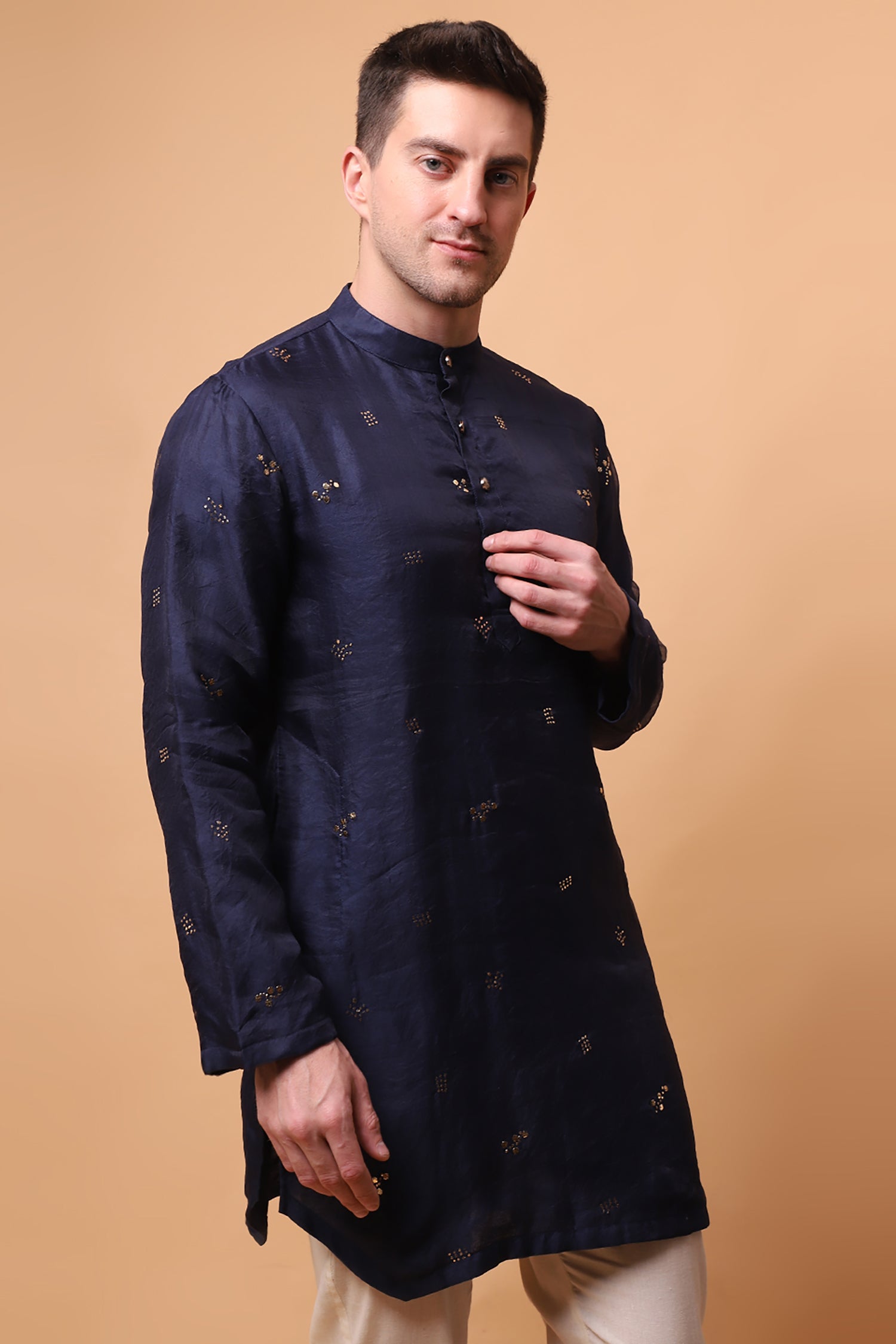 Muqaish Work Men Short Kurta - Blue