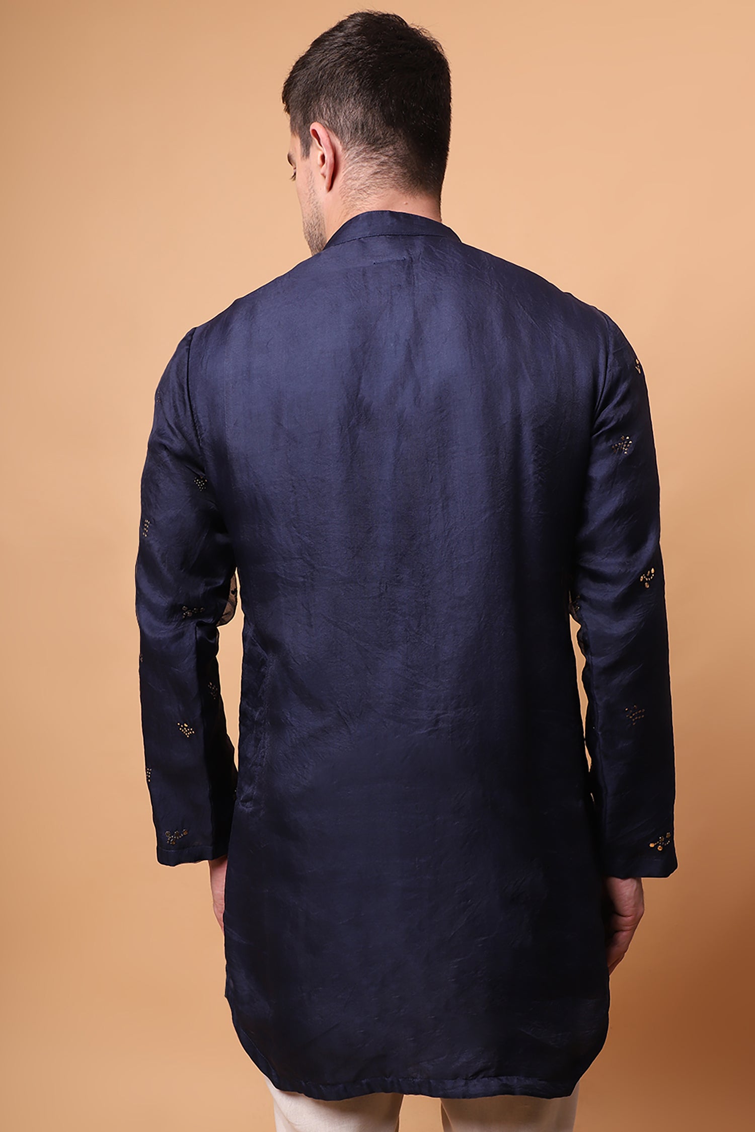 Muqaish Work Men Short Kurta - Blue