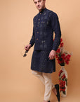 Kantha Work Men Kurta Set - Navy Blue