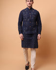 Kantha Work Men Kurta Set - Navy Blue
