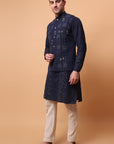 Kantha Work Men Kurta Set - Navy Blue