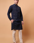 Kantha Work Men Kurta Set - Navy Blue