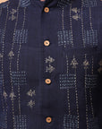 Kantha Work Men Kurta Set - Navy Blue