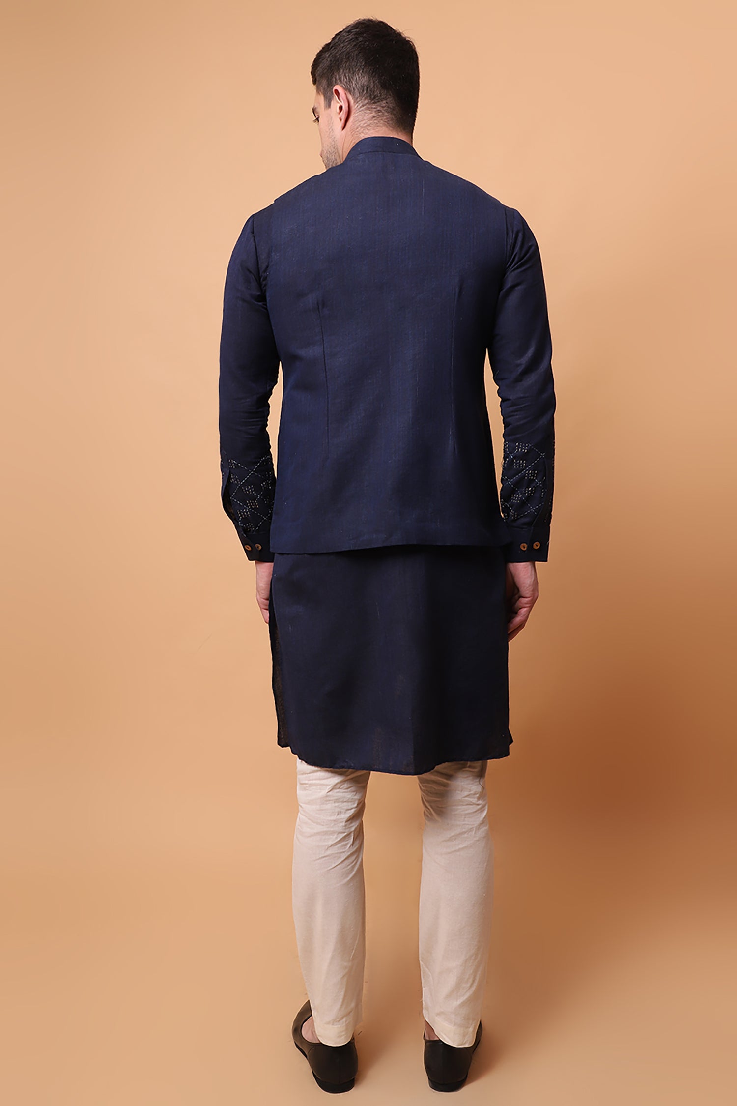 Kantha Work Men Kurta Set - Navy Blue