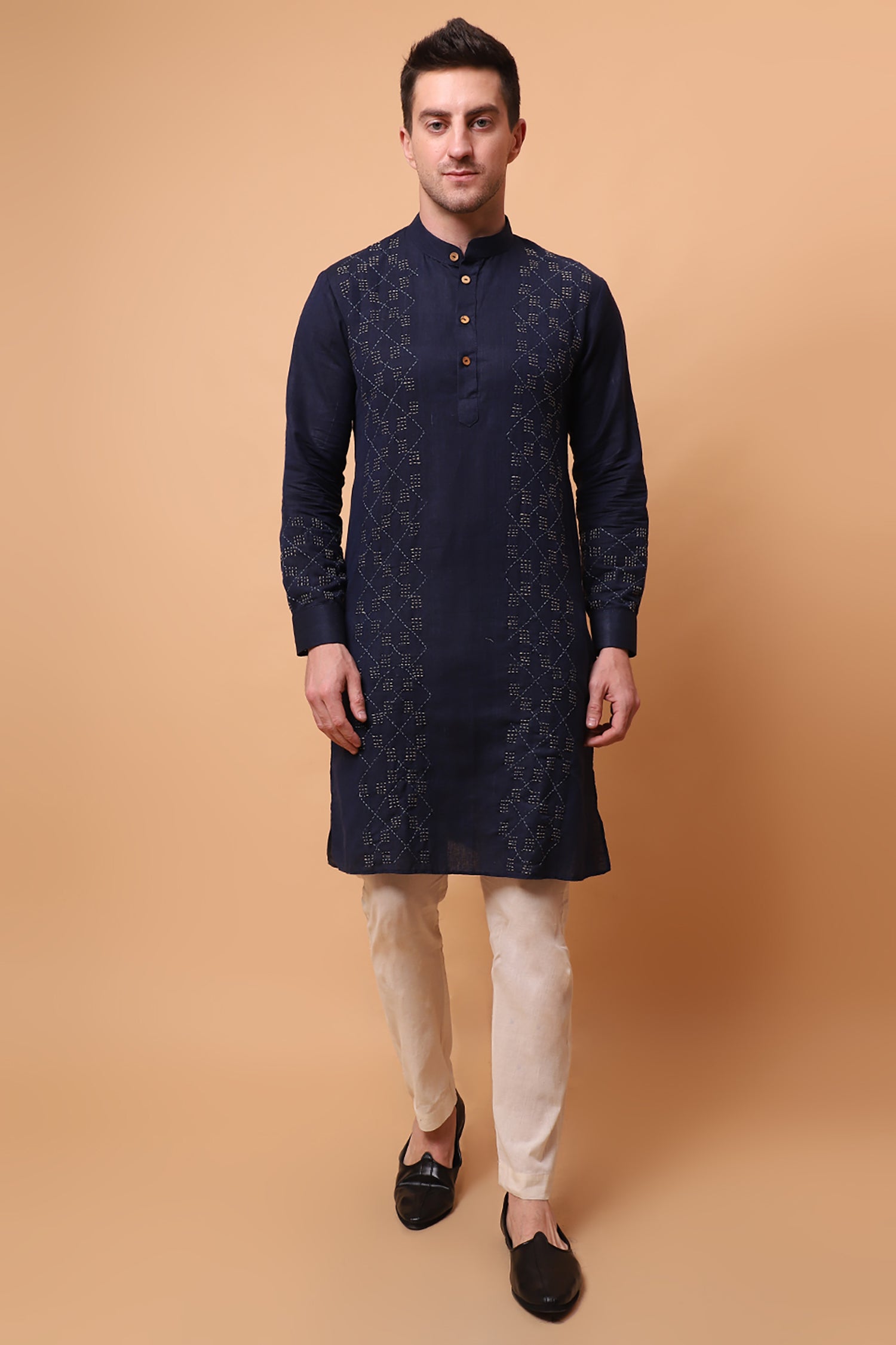 Kantha Work Men Kurta Set - Navy Blue