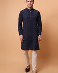 Kantha Work Men Kurta Set - Navy Blue