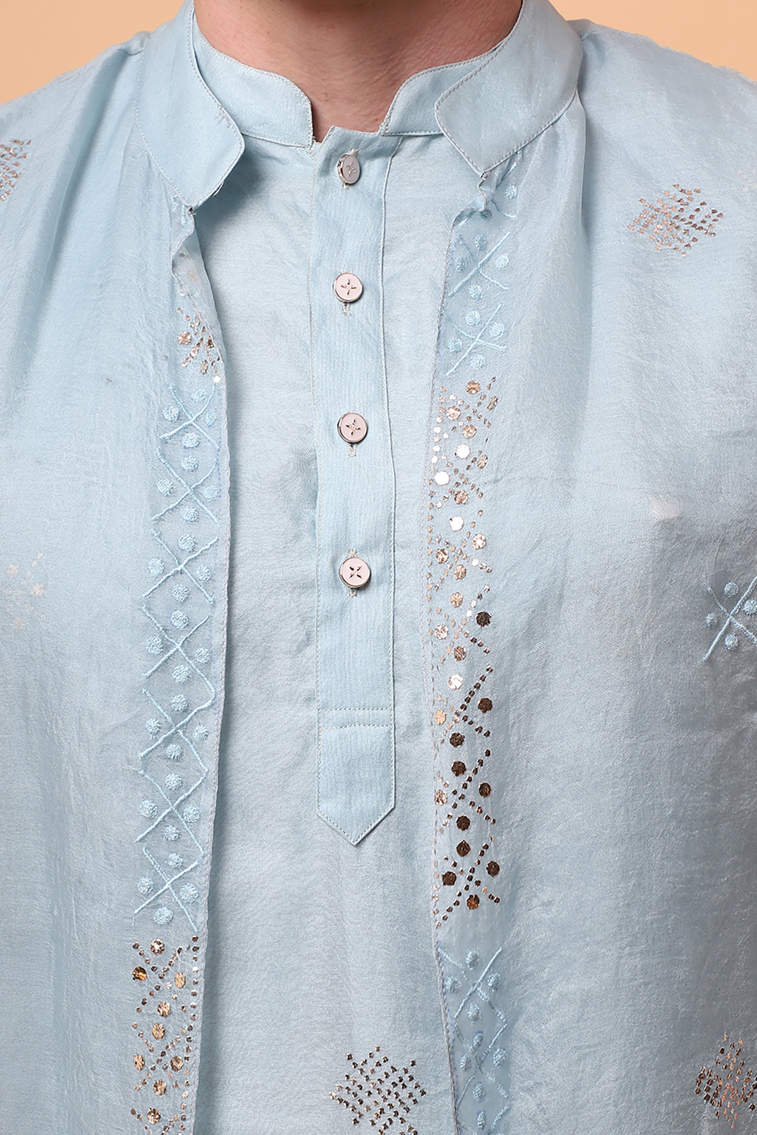 Muqaish Work Men Kurta Set -Sky Blue