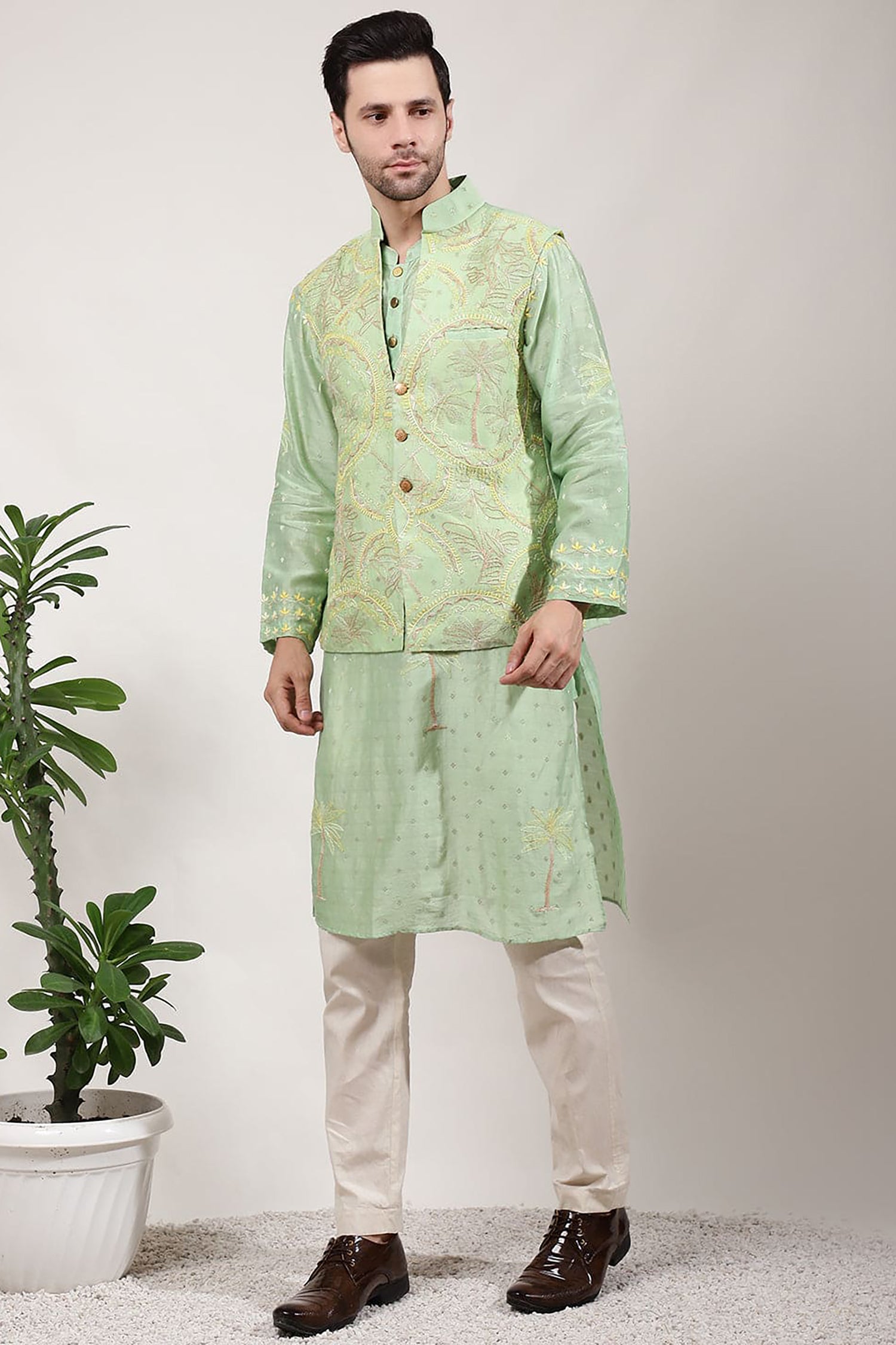 ChikanKari Silk Kurta Set - Green