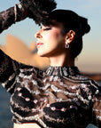 Black Fish Cut Gown With Black Trail And Decorated With Silver Embroidery